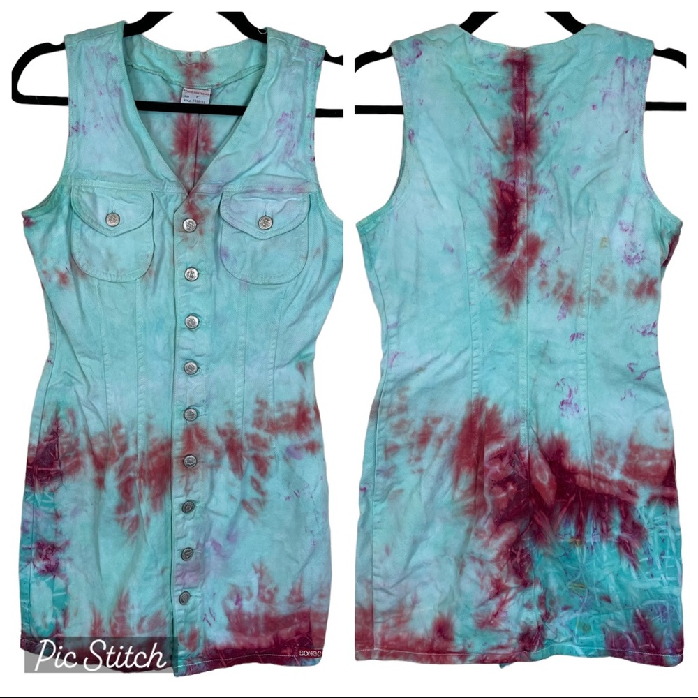 Vintage 1990s Bongo Heavy Denim Button-down Jean Jumper Dress TyeDye Size 7 USA